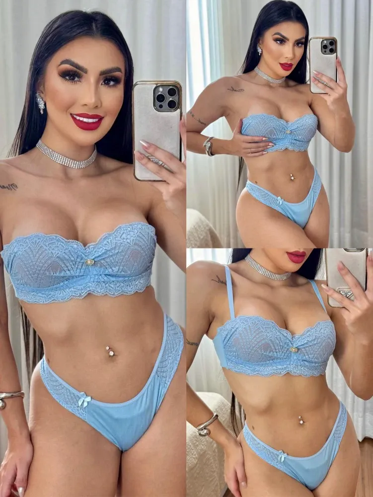 CONJUNTO TOMARA QUE CAIA + ALCINHA ULTRA LUXO BRIELA  - Azul bb (rendas variadas)