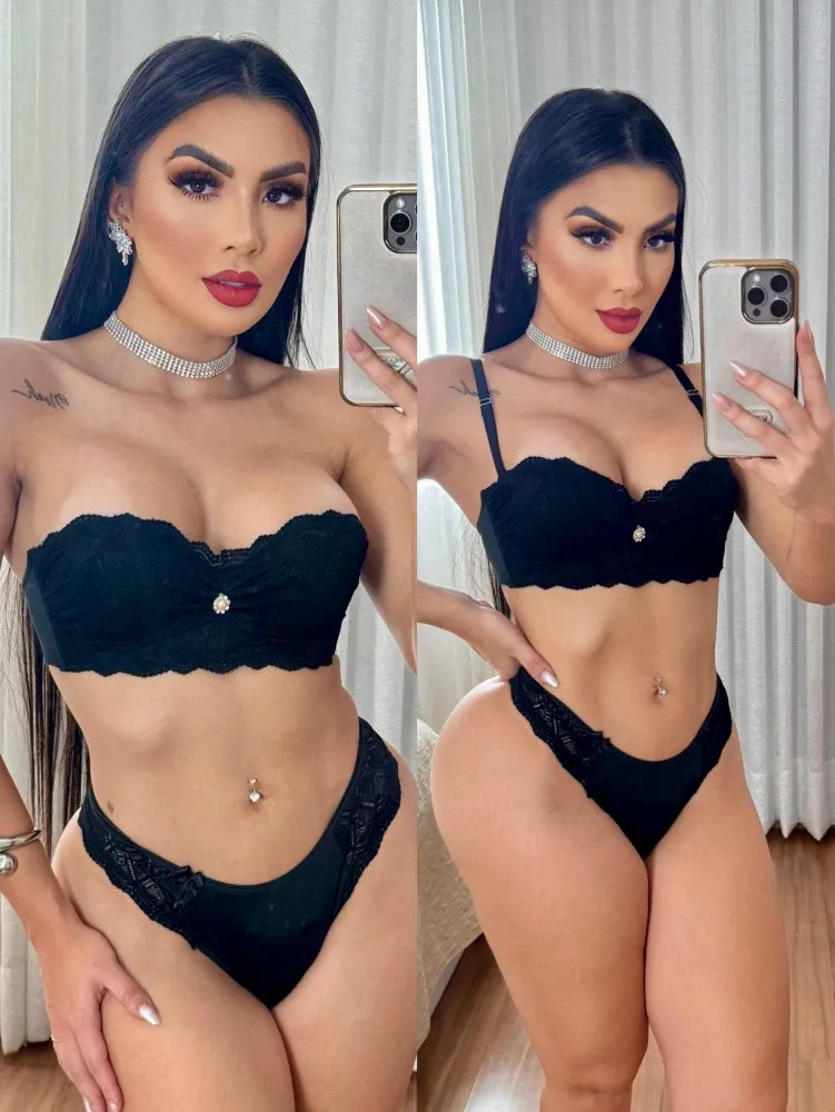 CONJUNTO TOMARA QUE CAIA + ALCINHA ULTRA LUXO BRIELA  - Preto (Rendas Variadas)