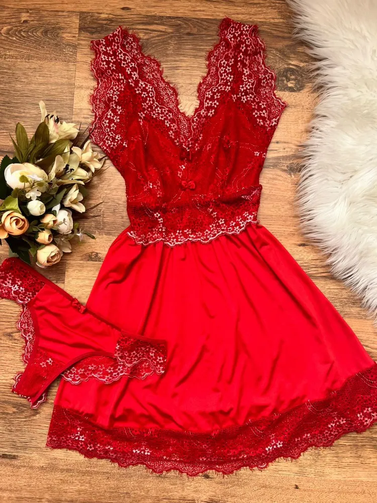 CAMISOLA CASSANDRA ULTRA LUXO + CALCINHA  - Vermelho 3