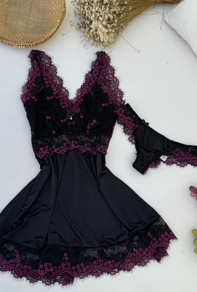 CAMISOLA S/BOJO + CALCINHA CASSANDRA  - PRETO C/INVEJA