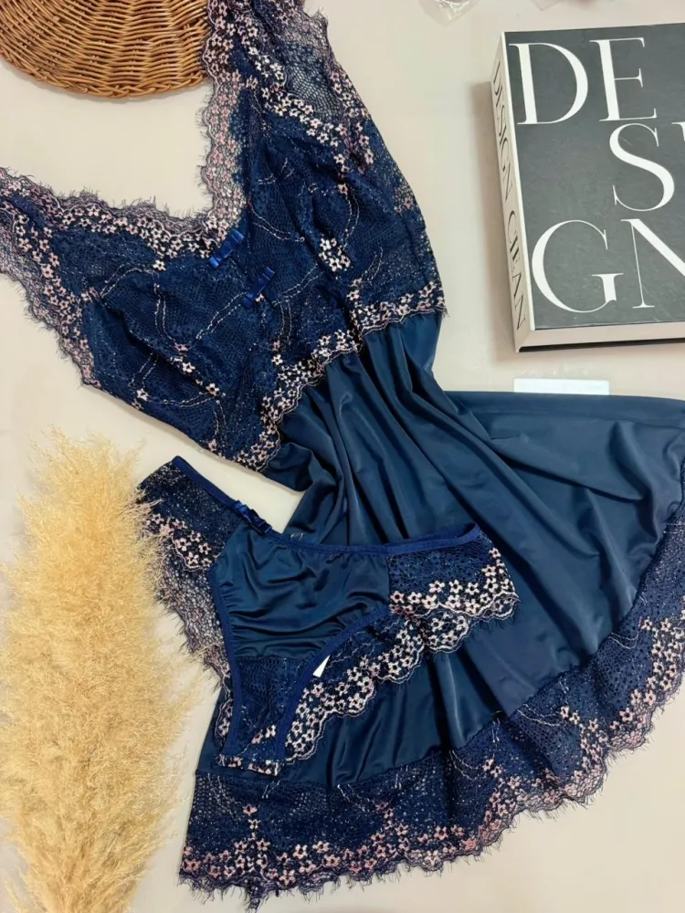 CAMISOLA S/BOJO + CALCINHA CASSANDRA  - MARINHO C/ROMANCE