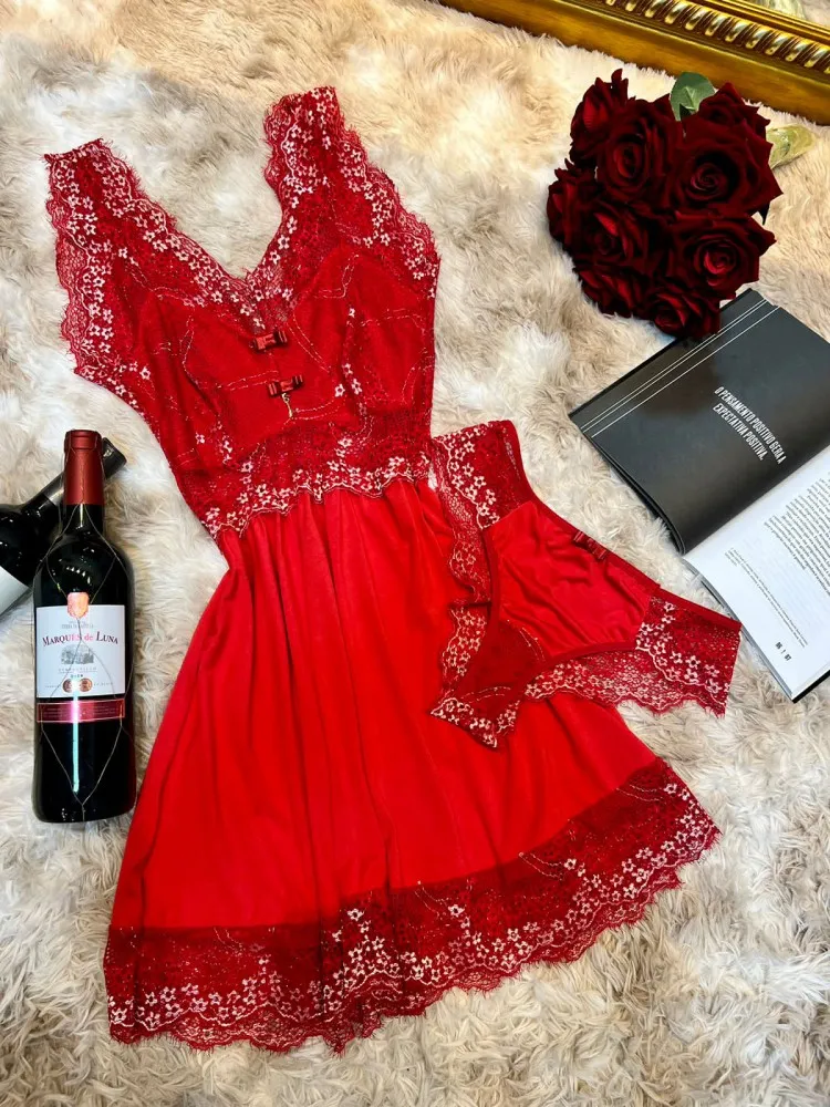 CAMISOLA CASSANDRA ULTRA LUXO + CALCINHA  - Vermelho 2