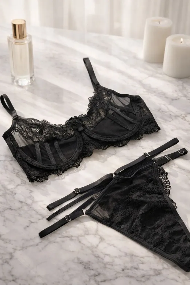 CONJUNTO S/ BOJO TULE SENSUAL ANDREA - Preto (rendas variadas) 0