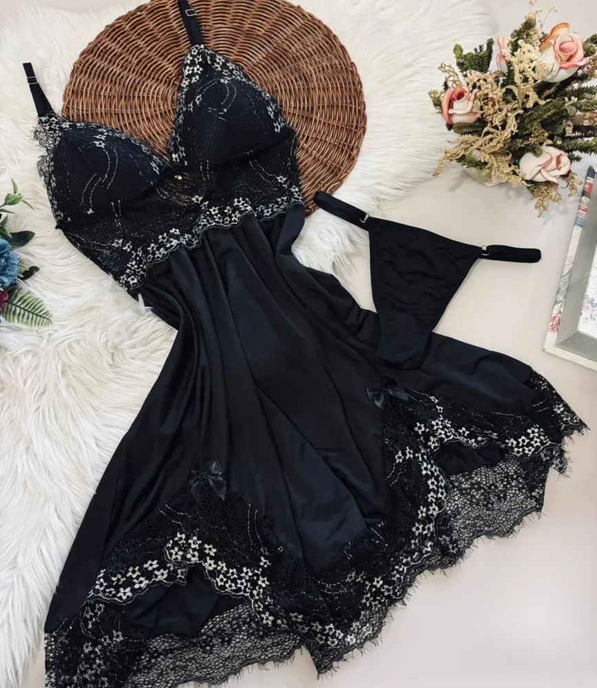 CAMISOLA C/ BOJO ULTRALUXO VERÔNICA + CALCINHA - rendas variadas 5