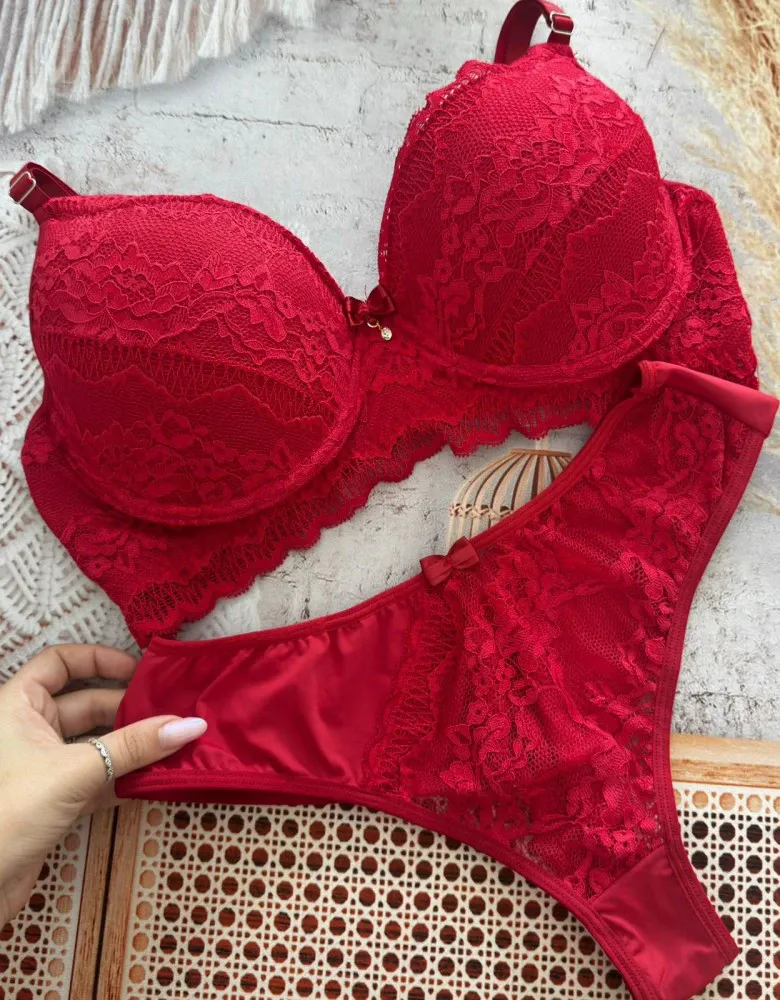 CONJUNTO PLUS SIZE FIO DUPLO LAVÍNIA  - Vermelho (rendas variadas) - Detalhe