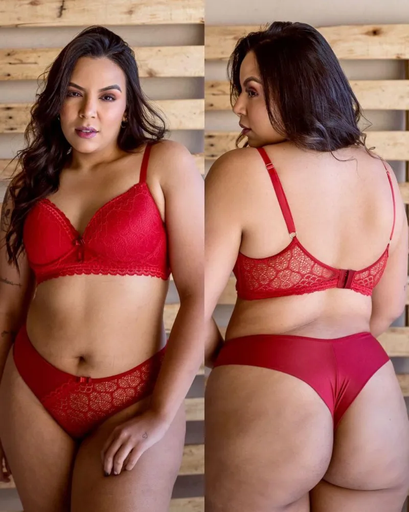 CONJUNTO PLUS SIZE FIO DUPLO LAVÍNIA  - Vermelho (rendas variadas)