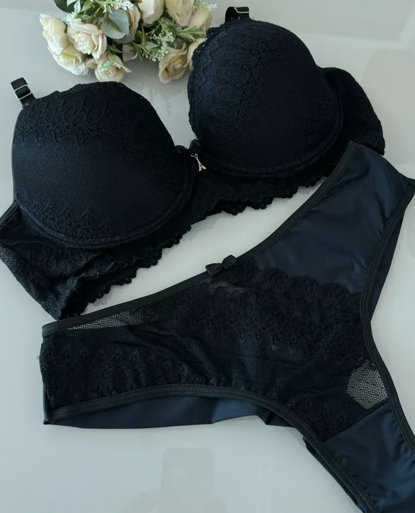 CONJUNTO PLUS SIZE FIO DUPLO LAVÍNIA  - Preto (rendas variadas) 2
