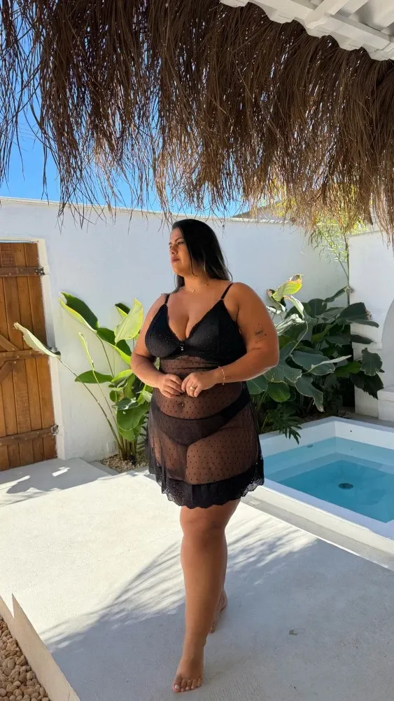 CAMISOLA S/BOJO TULE POÁ PLUS SIZE MARINA + CALCINHA  - PRETA