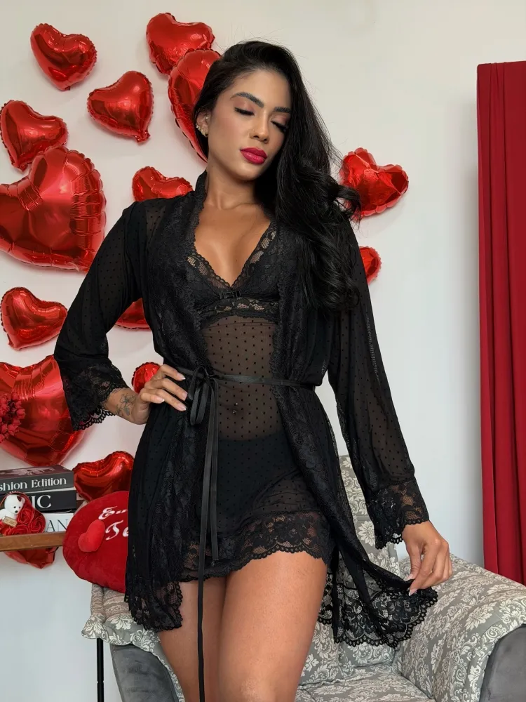 Kit Karina No Tule Poa Camisola Calcinha Robe 6