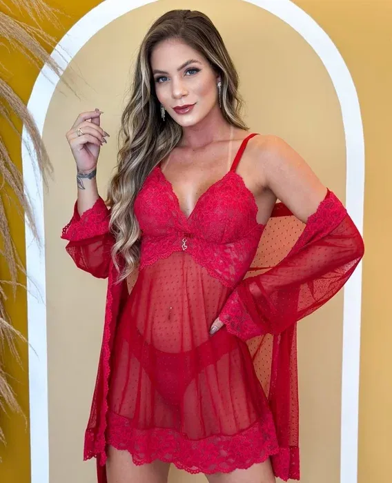 Kit Karina No Tule Poa Camisola Calcinha Robe 10