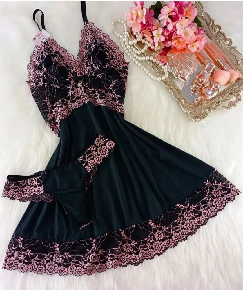 CAMISOLA S/BOJO + CALCINHA MICHELE - Preto c/ rosé 0