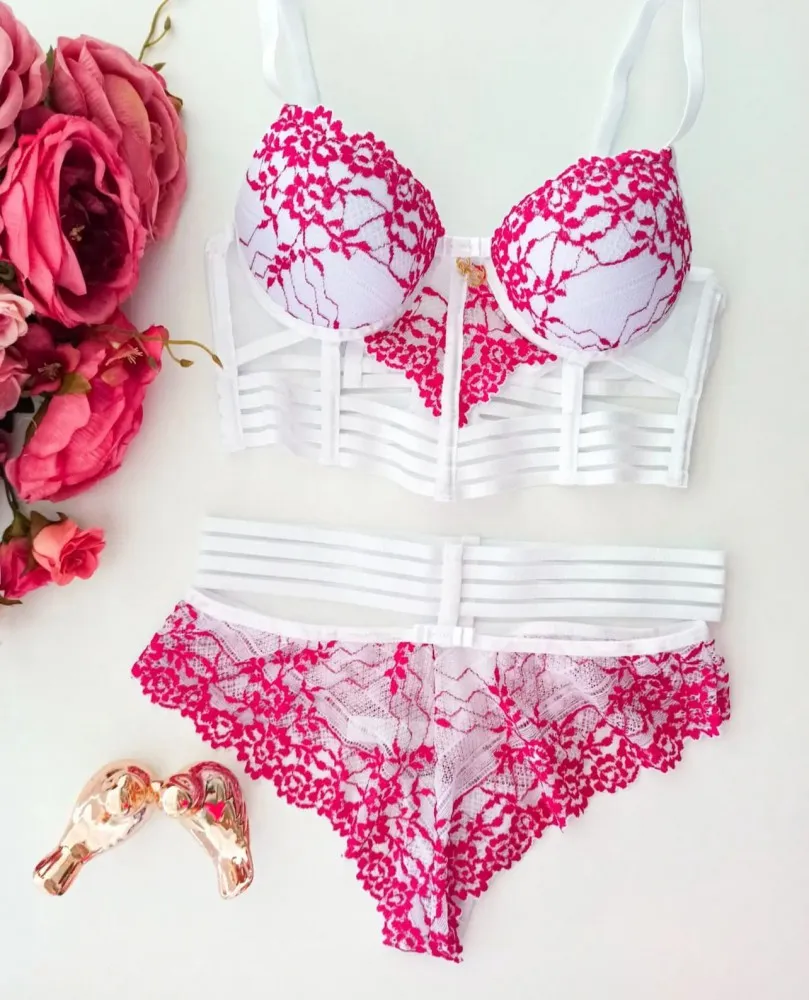 CONJUNTO BARBATANA STEFANI  - Branco c/ pink