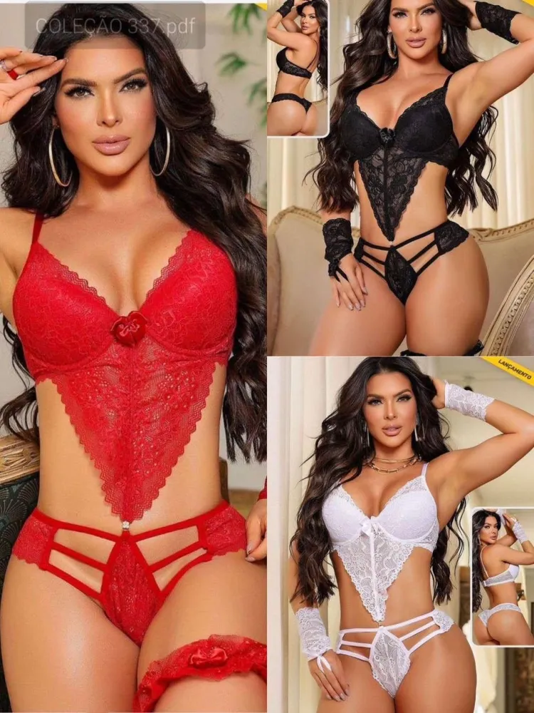 BODY SENSUAL EMANUELLA  - as rendas variadas (acompanha perneira + luvinha)