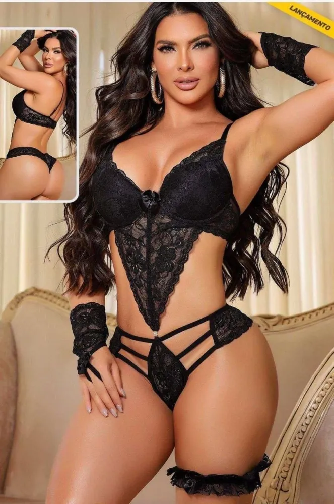 BODY SENSUAL EMANUELLA  - as rendas variadas (acompanha perneira + luvinha) - Detalhe
