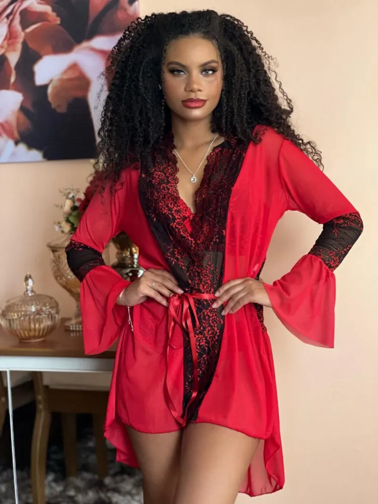 ROBE TULE BICOLOR CLAUDIA  - Vermelho c/preto (somente robe - NÃO INCLUSO conjunto, NÃO INCLUSO camisola)) - Detalhe