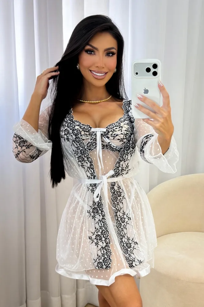 ROBE TULE BICOLOR CLÁUDIA  - Branco c/ preto (somente robe -NÃO INCLUSO conjunto, NÃO INCLUSO CAMISOLA) ) - Detalhe