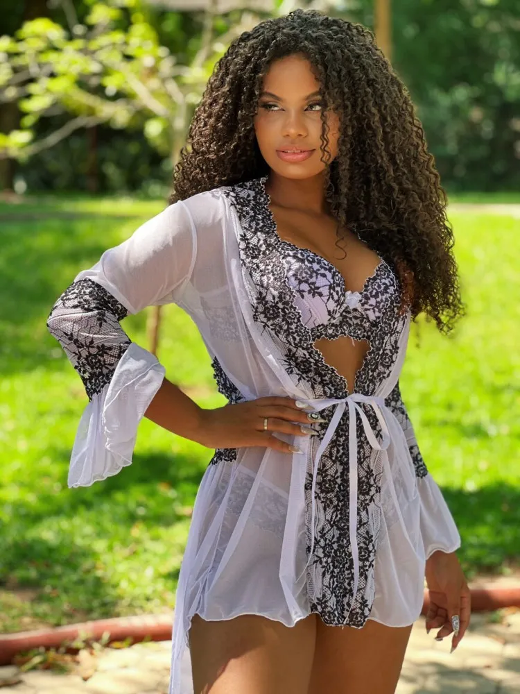 ROBE TULE BICOLOR CLÁUDIA  - Branco c/ preto (somente robe -NÃO INCLUSO conjunto, NÃO INCLUSO CAMISOLA) ) 2