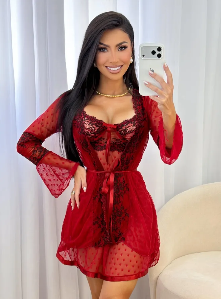 ROBE TULE BICOLOR CLAUDIA  - Vermelho c/preto (somente robe - NÃO INCLUSO conjunto, NÃO INCLUSO camisola))