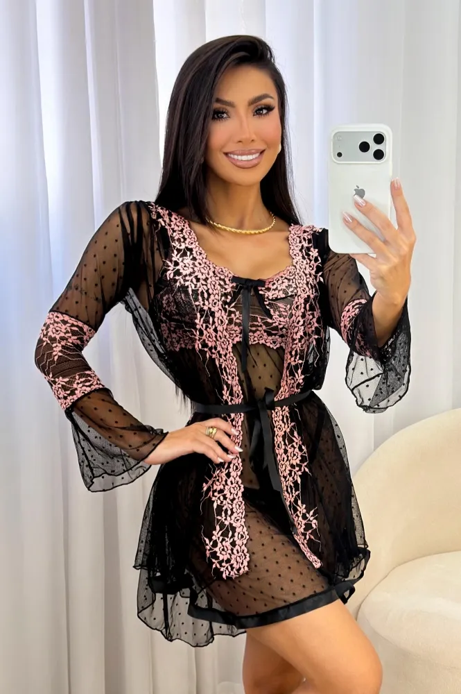 ROBE TULE BICOLOR CLAUDIA  - Preto c/ rosa (somente robe - NÃO INCLUSO CAMISOLA, NÃO INCLUSO CONJUNTO)