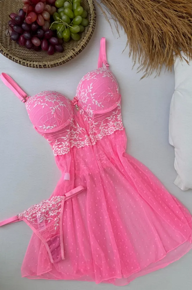 CAMISOLA C/BOJO TUANE + CALCINHA - ROSA PANTERA  (rendas variadas) MODELO SEXY BEM CURTINHA
