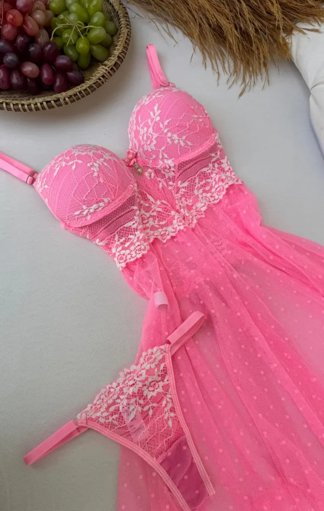 CAMISOLA C/BOJO TUANE + CALCINHA - ROSA PANTERA  (rendas variadas) MODELO SEXY BEM CURTINHA - Detalhe