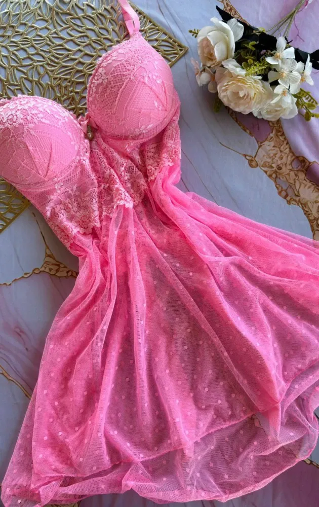 CAMISOLA C/BOJO TUANE + CALCINHA - ROSA PANTERA  (rendas variadas) MODELO SEXY BEM CURTINHA 6