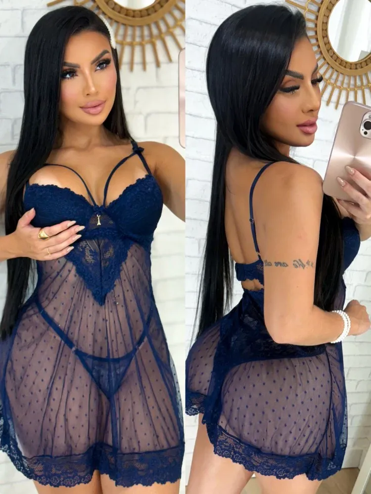 CAMISOLA C/BOJO STRAPPY CELINA  - AZUL MARINHO (rendas variadas)