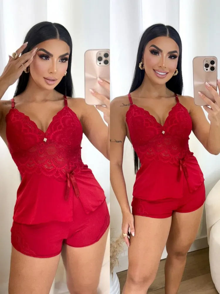 BABY DOLL MICROFIBRA LACINHO - Vermelho (rendas variadas) 1
