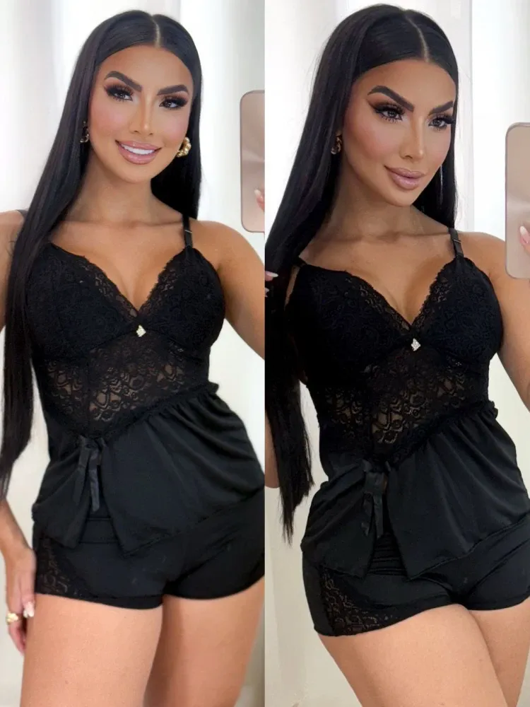 BABY DOLL MICROFIBRA LACINHO - PRETO (rendas variadas) 1