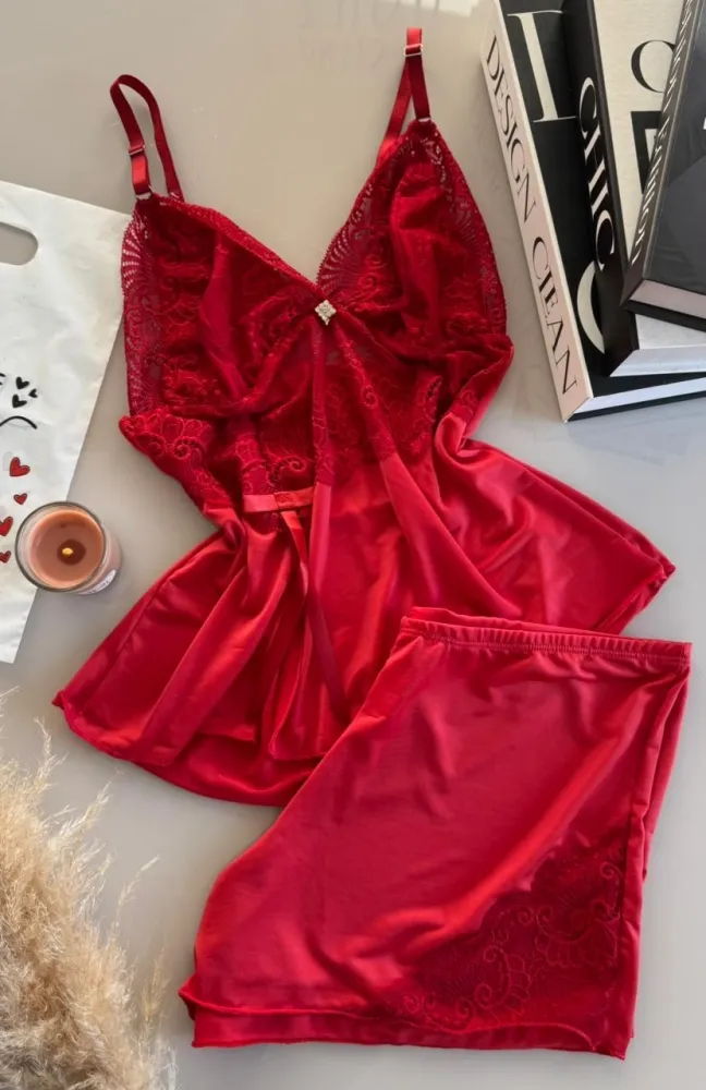 BABY DOLL MICROFIBRA LACINHO - Vermelho (rendas variadas) 0