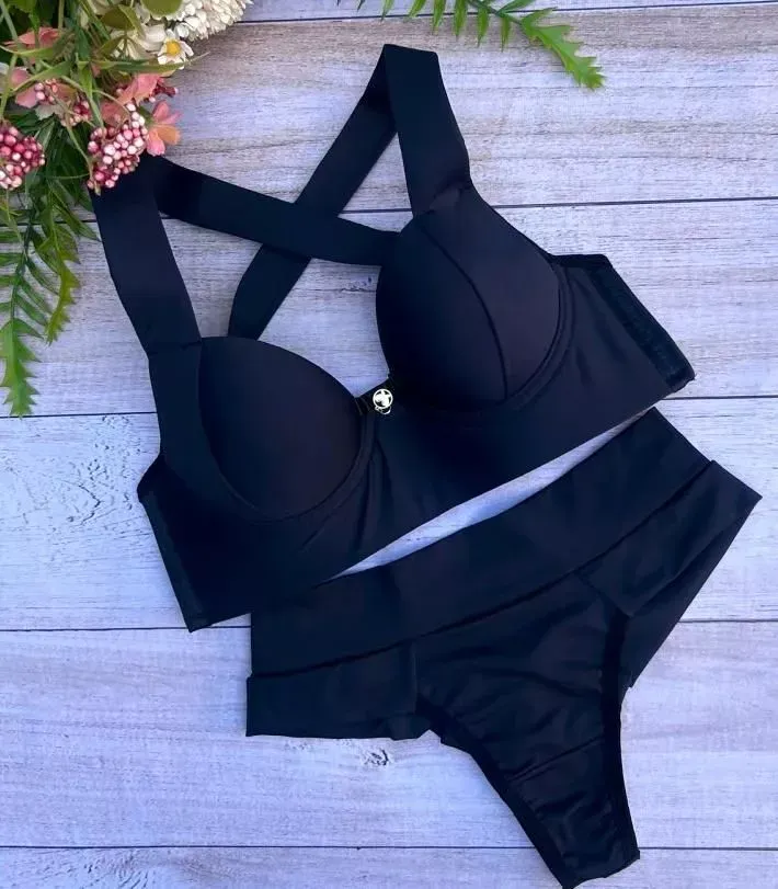 CONJUNTO MICROFIBRA ALÇA TRANÇADA  - PRETO