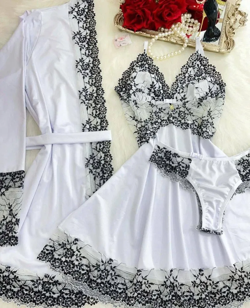 KIT MICHELE (camisola + robe) - Branco c/ preto Obs. O Robe é tamanho único 0